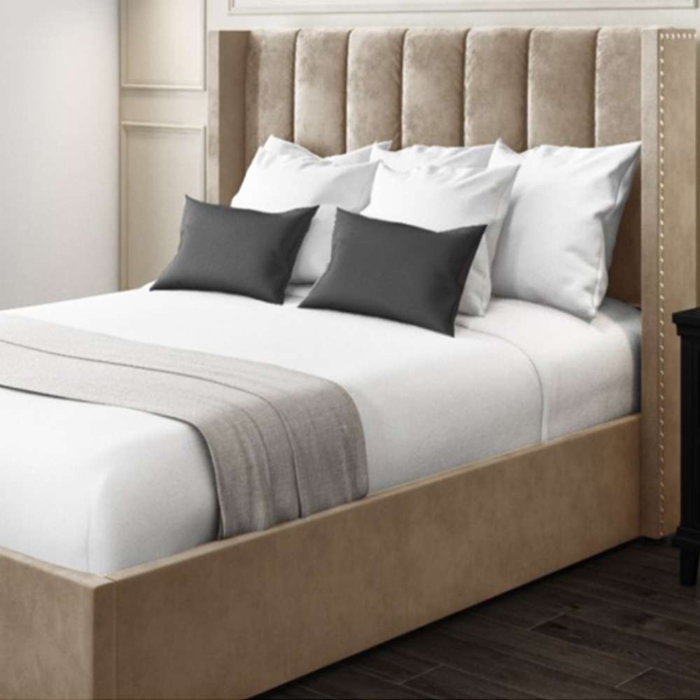 Beige Wing Back Velvet Bed Beige Wing Back Velvet Bed