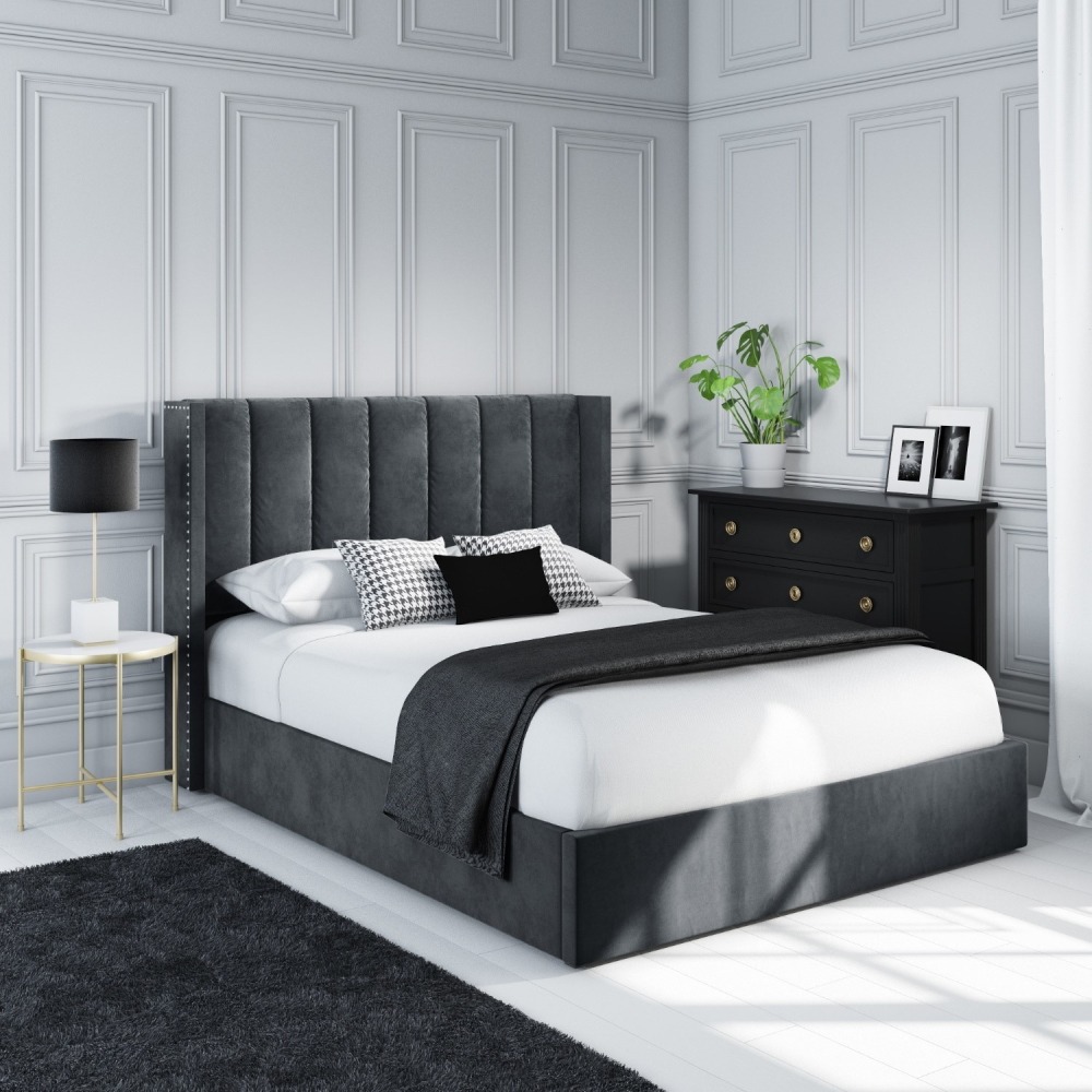 Grey Velvet Small Double Ottoman Bed with Winged Headboard Fatima 1 Grey Velvet Small Double Ottoman Bed with Winged Headboard