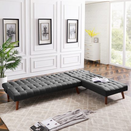 Reversible Sectional Sofa Sleeper Black Fabric With Wood Legs