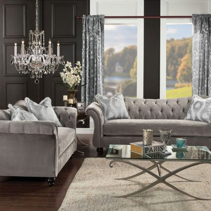 Royal style tufted sofa in light mocha fabric
